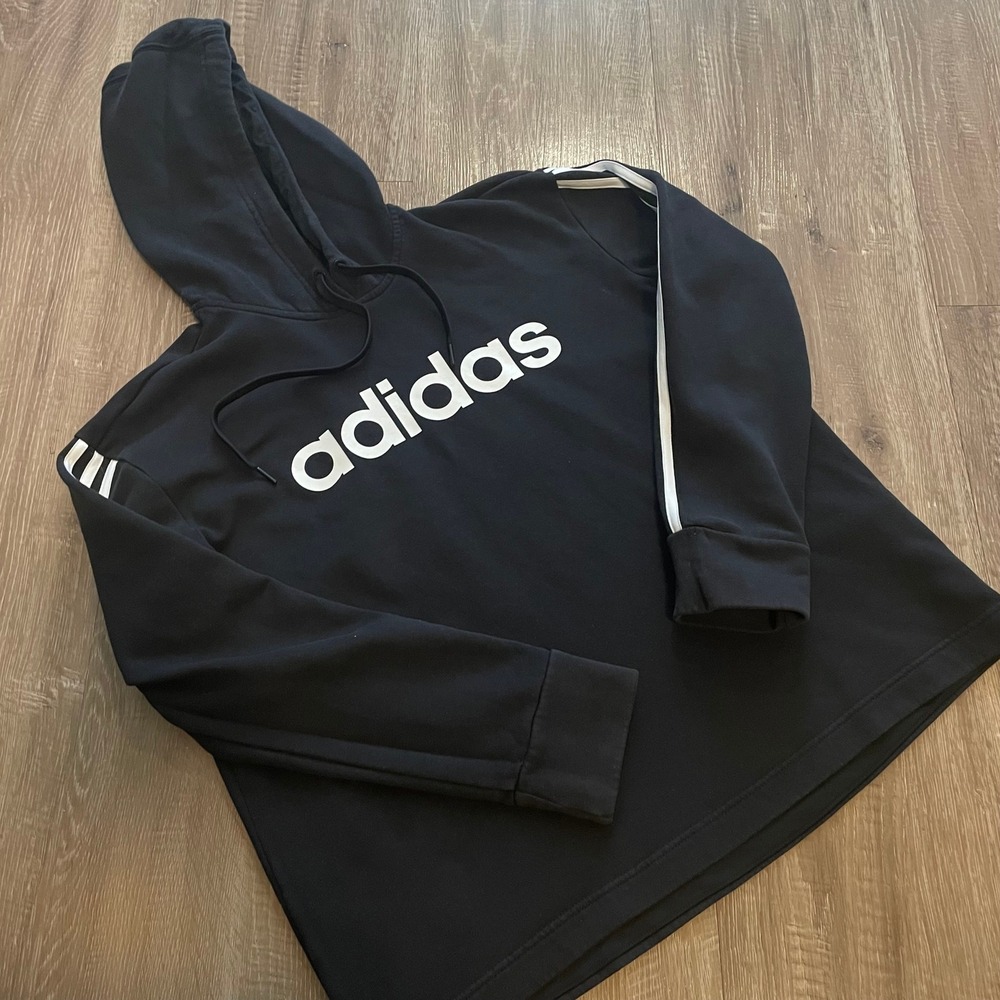 Adidas Mens Hoodie Pullover Large Black Cotton Blend 3-Stripe Logo Sweatshirt